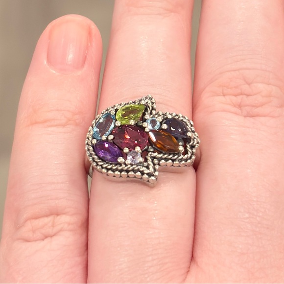 Vintage Silver Hamsa Gemstone Ring, Milgrain Sterling, Rainbow Gem, Size 6.25 - Picture 5 of 17